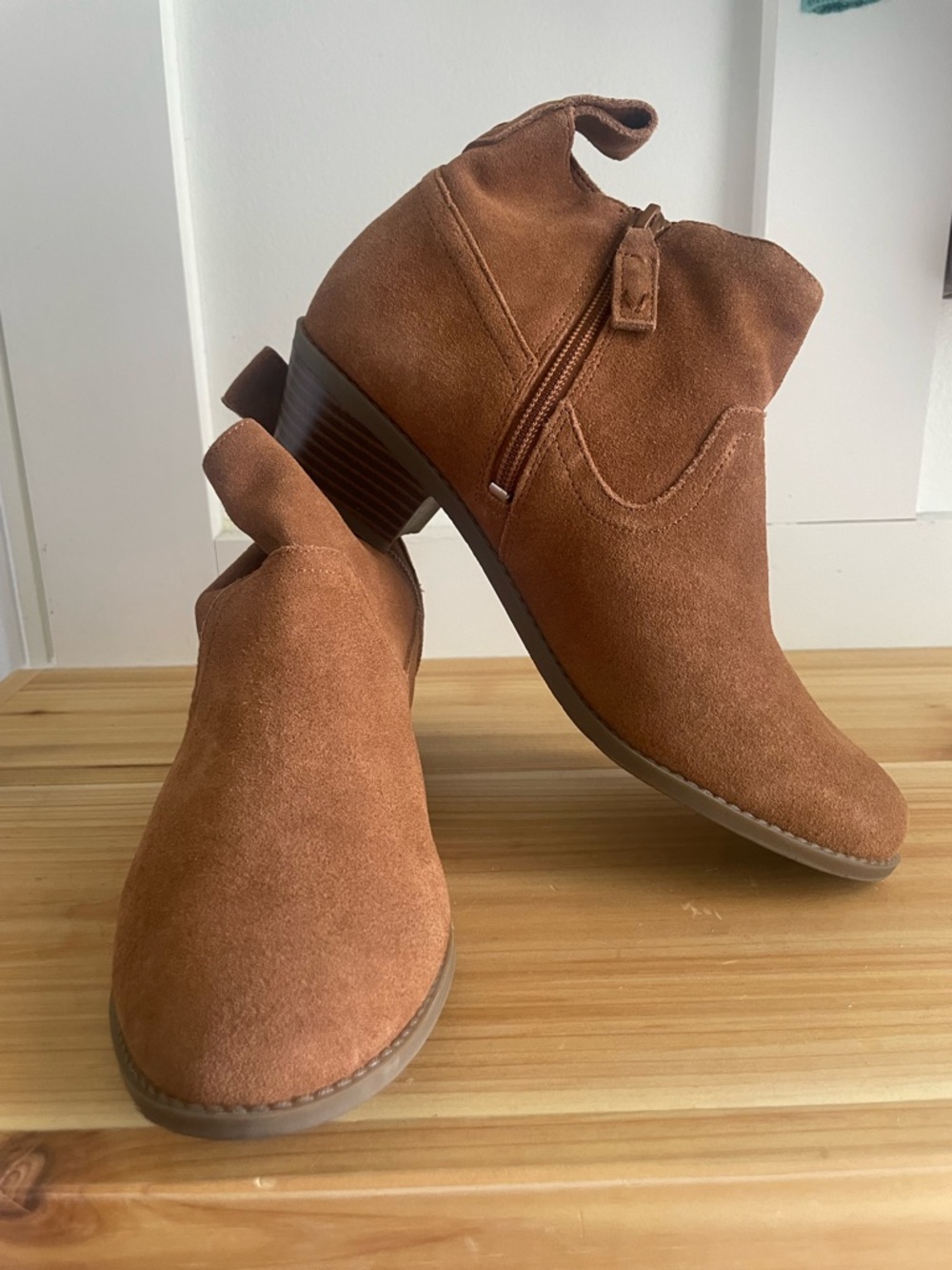 Vionic Tan Suede Ankle Booties with Low Stacked Heel